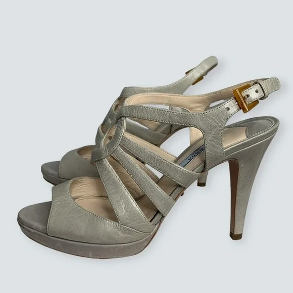 PRADA Heels Size 38 Calzatore Donna Grey Leather Slingback Sandals - Picture 4 of 16